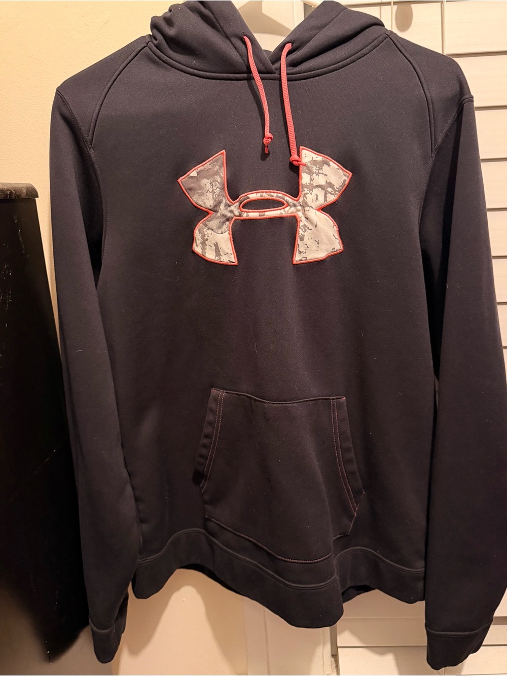 Under Armour Men's Black Hoodie with Red Drawcords and Camo Logo